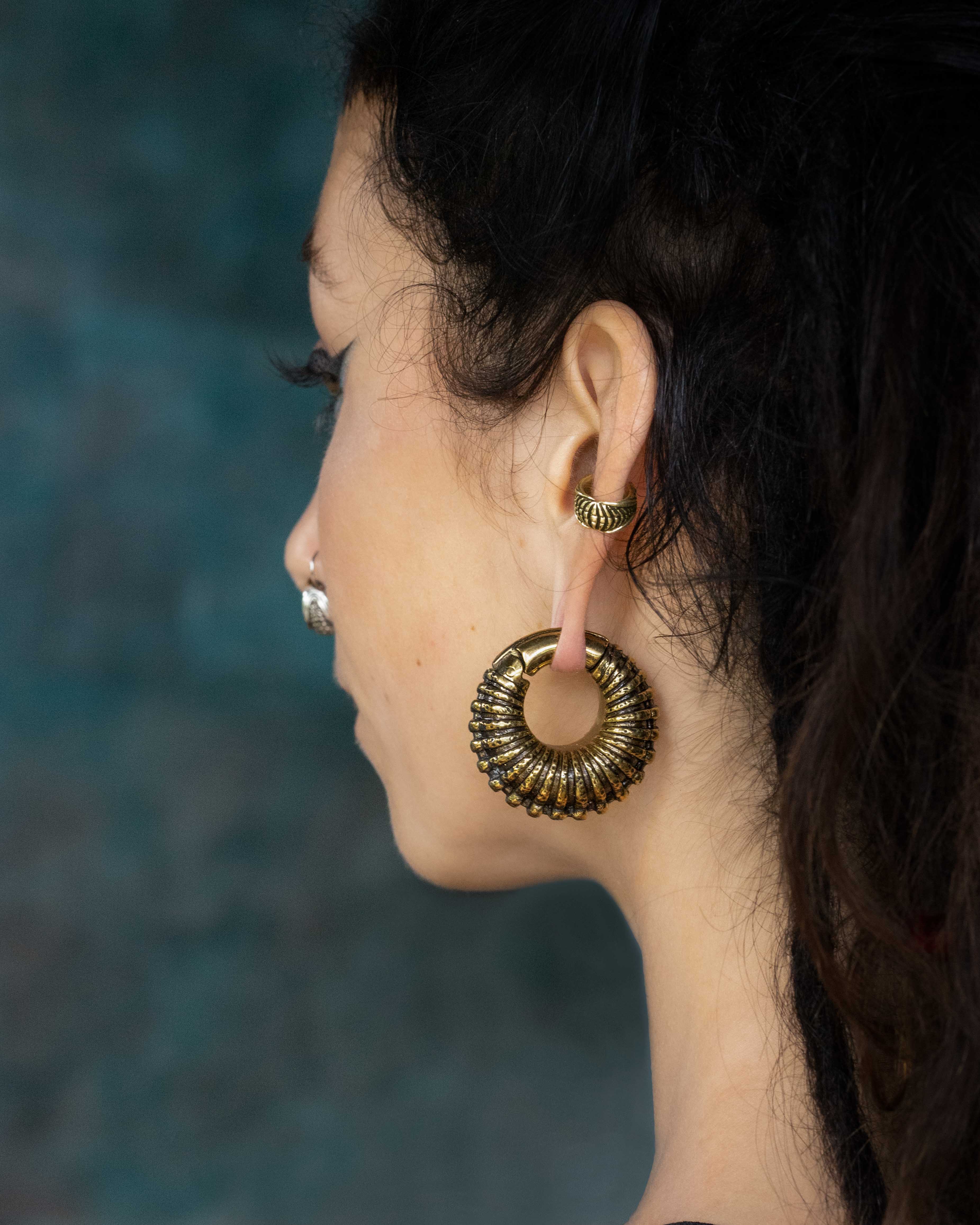 Side view of a person with long dark hair, adorned with Kaya Movement's TRILOBITE Large Biomechanical Clicker Ear Weights in Gold Brass (0 gauge) featuring a ridged design and a matching ear cuff. The person also has a nose ring reminiscent of tribal gauge earrings. The background is a blurred mix of blue and green tones.
